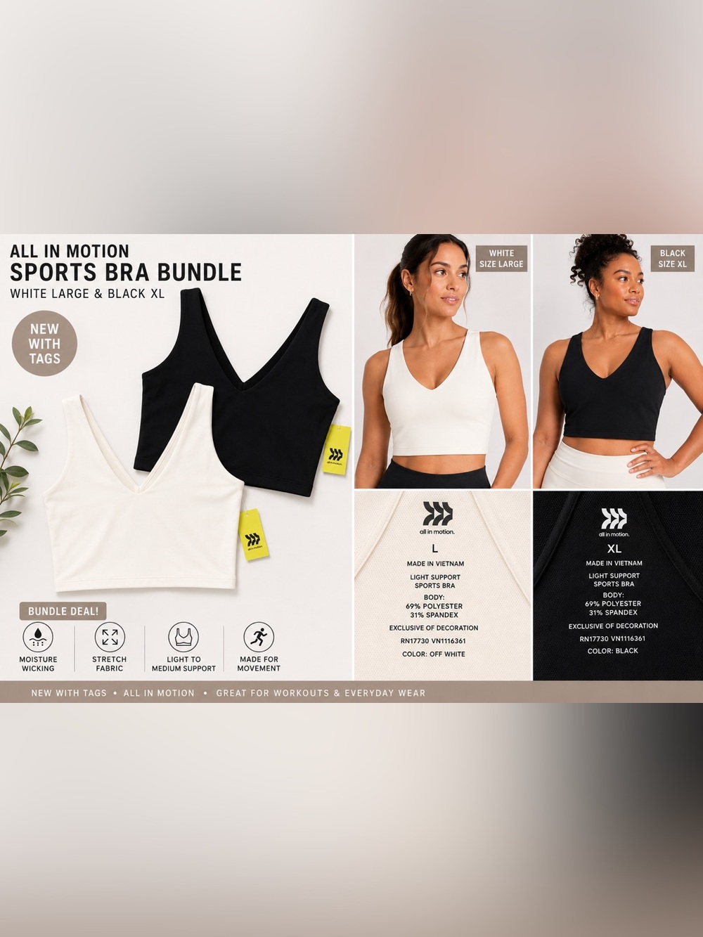 All in Motion Womens Sports Bra Bundle NWT White Large & Black XL Medium Support
